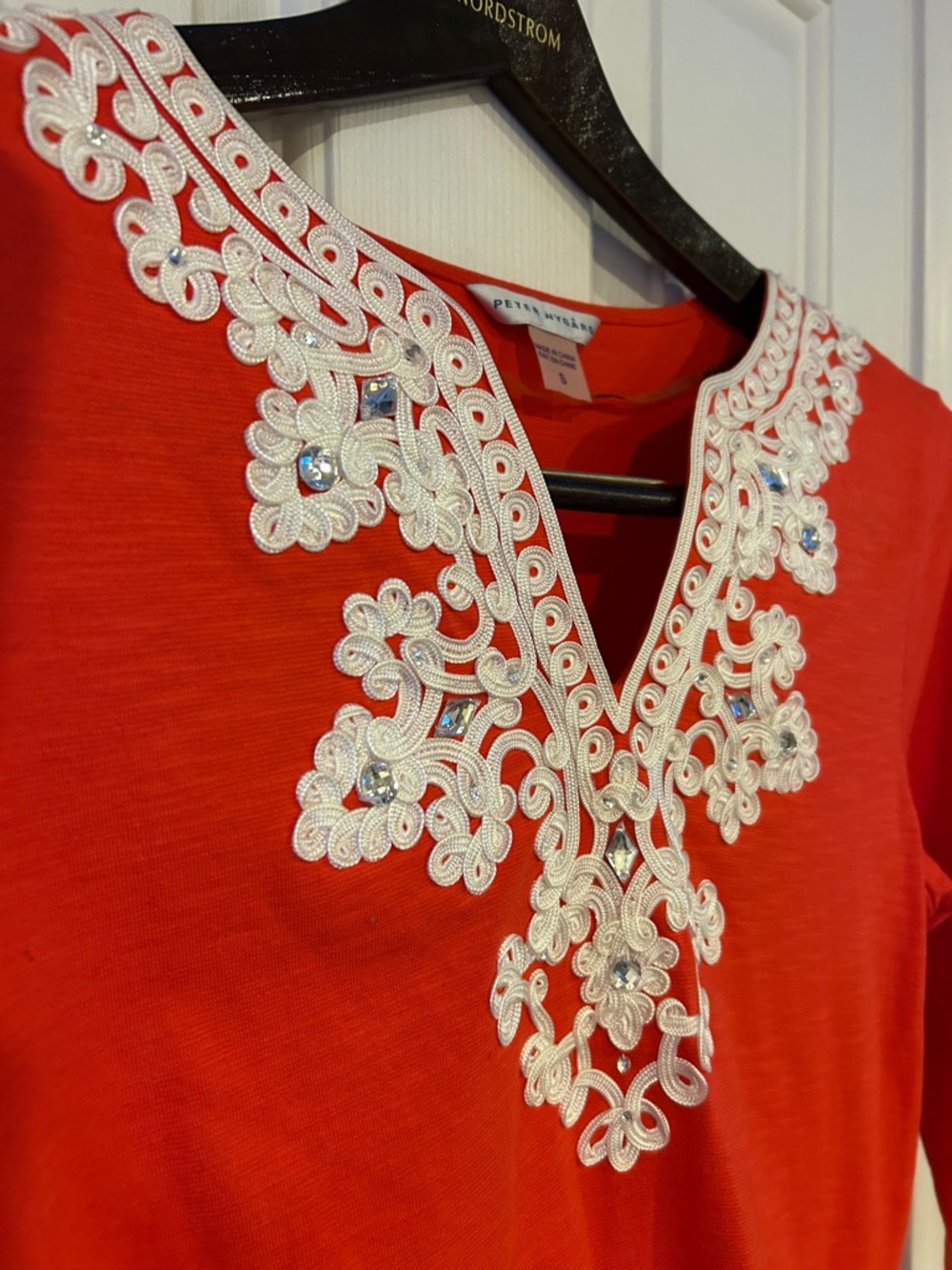 Peter Nygard Red Tunic with White Embroidery and Rhinestone V-Neck - Picture 5 of 7